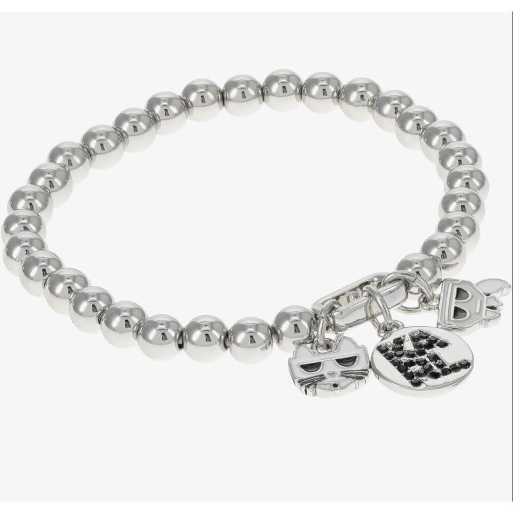 Karl Lagerfeld Paris Beaded Charm Stretch Bracelet Rhodium Zinc Brass OS NWT